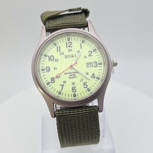 New! SOKI Military Outdoors Watch Luminous Dial Green Canvas Band New Battery